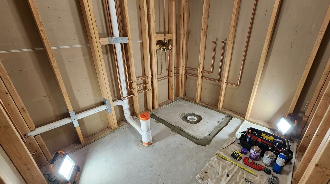 Bathroom rough-in plumbing during remodel by Johns Plumbing LLC in Battle Ground