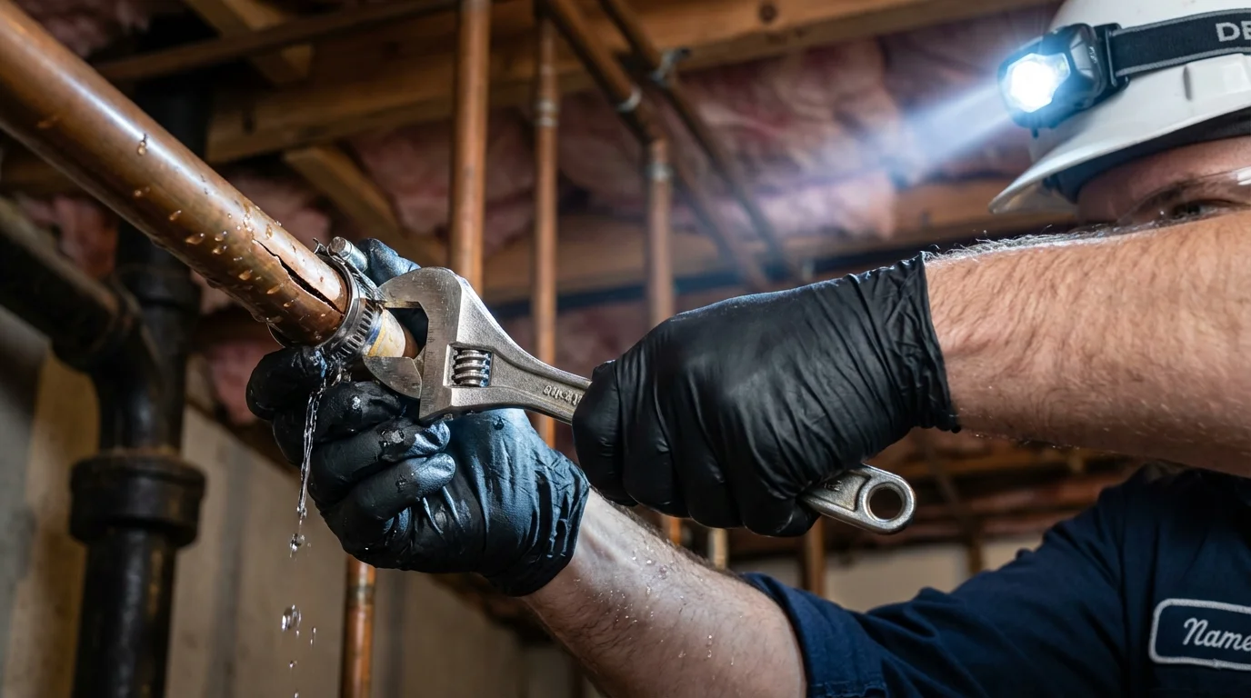Emergency pipe clamp repair being performed by a Johns Plumbing LLC plumber in Battle Ground