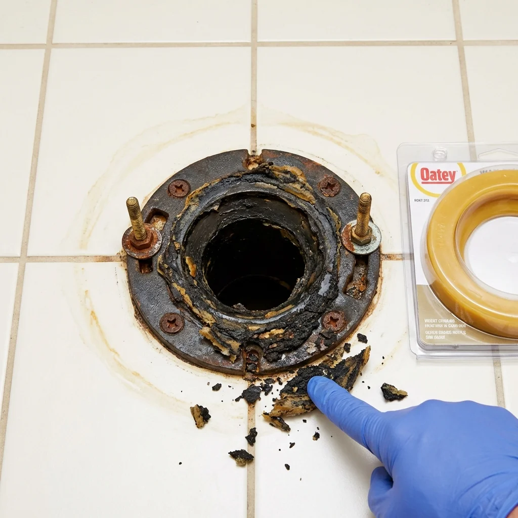 Failed wax ring showing water seepage at the base of a toilet in a Battle Ground, WA home